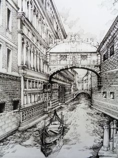 a pencil drawing of a canal in venice, italy with gondola on the side