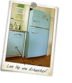 an old blue refrigerator in a kitchen with the words love the new dishwasher