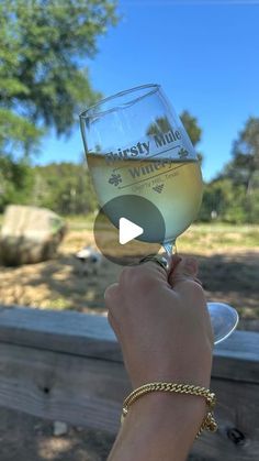 a person holding up a wine glass in front of a wooden fence and grass area