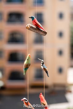 several birds are hanging from strings in front of a building