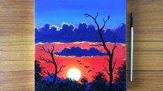 a painting of a sunset with trees in the foreground and clouds in the background