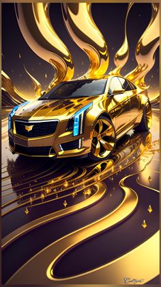 a car with gold paint on it is shown in this digital painting style image,