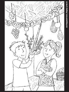 an adult coloring book with two people in front of a tree and fruit hanging from the branches