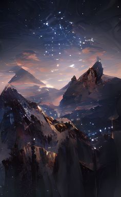 the sky is filled with stars and clouds as it shines brightly above some mountains