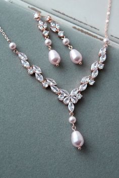 Rose Gold and Blush Bridal Jewelry Set Pink Wedding Necklace and Earrings, Cz Leaf Earrings, Dangle Earrings Boho Wedding Jewelry - Etsy UK Art Deco Wedding Jewelry, Boho Wedding Jewelry, Pink Jewelry Set, Bridal Jewelry Sets Brides, Wedding Jewelry Sets Bridal Jewellery, Chalcedony Necklace, Dangle Earrings Boho, Bridal Jewelry Set, Blush Bridal