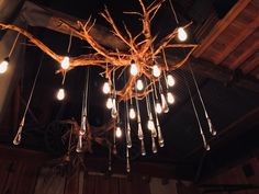 a chandelier made out of branches with light bulbs hanging from it