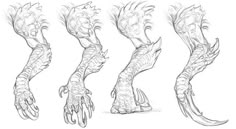 the concept art for creature design, including hands and claws in various stages of development