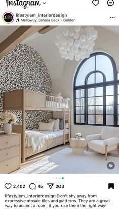 an instagramted photo of a bedroom with a bunk bed, chair and ottoman