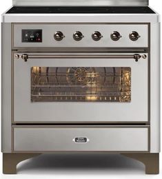 an oven with the door open and its lights on, in front of a white background