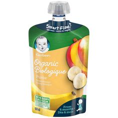 a bottle of organic baby food with bananas and apples