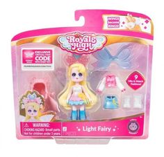 a toy doll with blonde hair and blue pants in a pink package on a white background