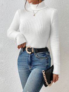 Blanco Casual Collar manga larga Tela Liso Tops básicos Embellished Elástico Alto Festival Outfits Women, Bodycon Sweater, White Bodycon, Ribbed Turtleneck Sweater, Pullover Outfit, Traje Casual, Women Sweaters, Striped Turtleneck, Knit Turtleneck Sweater