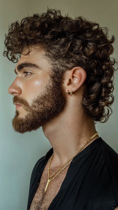 handsome man with mullet hairstyle Mens Curly Haircut Mid Length Mullet, Men’s Curly Haired Mullet, Curly Hair Mens Cut, Man Bun Hairstyles Curly, Mens Curly Mullet, Short Curly Hair Men’s, Curly Hair 2024, Medium Curly Hair Men, Curly Wolf Cut Men