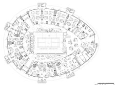 the floor plan for an indoor tennis court, with seating areas in each corner and several tables on one side