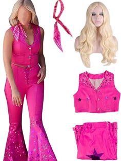 a woman in pink outfit with long blonde hair next to her doll head and other items