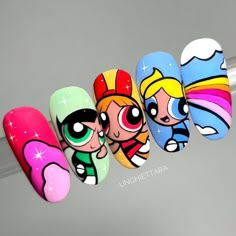 Cartoon Nail Designs Short, Nail Art Painting Design, Nail Cartoon Design, Cartoon Art On Nails, Cartoons Nails Art, Nail Designs Characters, Cartoon Characters Nail Art