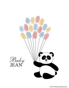 a panda holding balloons with the words baby jean on it