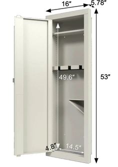 an open white cabinet with measurements for the door and shelves on each side is shown