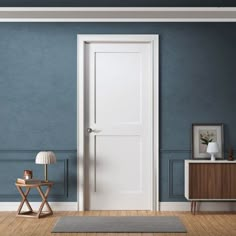 an empty room with blue walls and wooden flooring is pictured in this rendering image