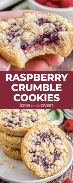 raspberry crumble cookies are stacked on top of each other with the words, love from the oven