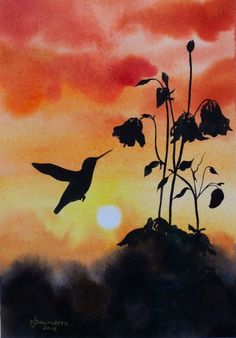 a painting of a bird flying over a flower