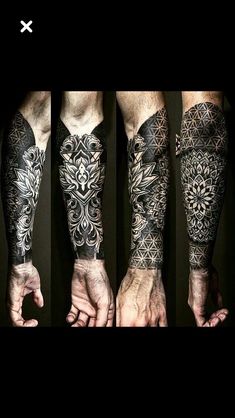 four different views of a man's arm and hand with tattoos on the arms