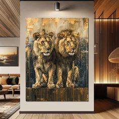 two lions standing next to each other on a wall