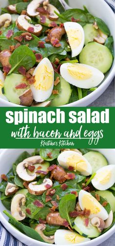 spinach salad with bacon and eggs in a white bowl on top of a table