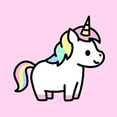 a white unicorn with a rainbow mane standing in front of a pink background and text