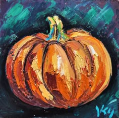 an oil painting of a pumpkin on a blue background