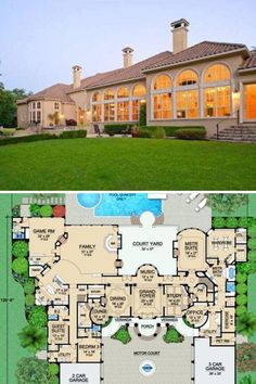 two views of the front and back of a large house with an outdoor swimming pool