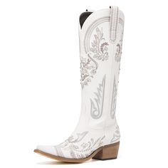 PRICES MAY VARY. 【Classic design】:These western cowboy boots are designed with fine and full handmade classic embroidery,inlayed with sparkling rhinestones, almond-shaped pointed toe, showcase a classic but elegant western style. 【All-Day Comfort】: Soft synthetic lining wicks away moisture, offers a comfortable next-to-skin feel and provides cushioning to give feet comfort. A flexible rubber outsole allows you to run and jump around while feeling comfy. 【Specifications】: Man-made, shaft measures approximately 14.5 inches from the floor, heel measures approximately 1.75 inches, boot opening measures from 15-17 inches around (not for wide calf), Convenient pull-up tags and zipper inside for easy on & off. 【Animal-Friendly】: Looks and feels like real leather: These classic women's western cow Biker Boots Wedding, Floral White Boots, Luxury Pointed Toe Cowboy Boots For Western-themed Events, White Cowboy Boots Woman, Womens White Cowgirl Boots, Short Cowboy Boots For Wedding, Cute Boots For Wedding, White Boots In Family Photo, Mexican Wedding Boots