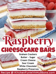 raspberry cheesecake bars are stacked on top of each other and ready to be eaten