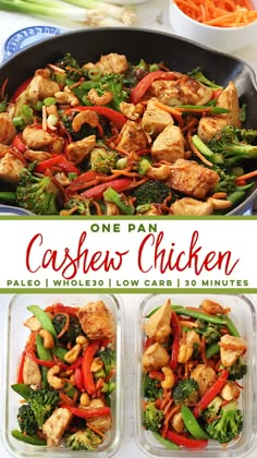 one pan cashew chicken with broccoli, peppers and carrots in it