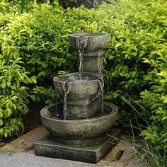 a water fountain in the middle of some bushes