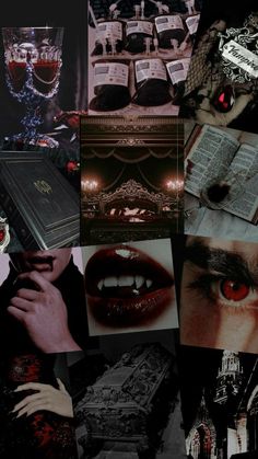 a collage of photos with red eyes and vampire makeup on them, including an open book