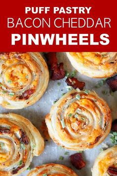 bacon cheddar pinwheels with text overlay that reads puff pastry bacon cheddar pinwheels