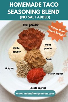 the ingredients for homemade taco seasoning blend on a white plate with text overlay