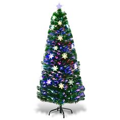 a brightly lit christmas tree with snowflakes on it's top and base