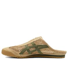 a women's slip on sandal in beige and green