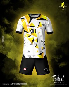 the soccer uniform is designed to look like it has triangles on it and yellow accents