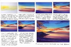 an image of sunsets and clouds in different stages of being painted with watercolor