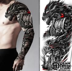 #sleeve #sketch #tattoo design #tattoo idea #bng design #viking #animal tattoo #nice tattoo #crow #wolf #tattoo idea #hardstudio #deer #moon #ship Animal Tattoo Sleeve Man, Cover Up Sleeve Tattoo Men, Full Arm Tattoo Men Ideas, Crow Dragon, Sleeve Sketch, Tato Realis, Fenrir Tattoo, Slavic Tattoo