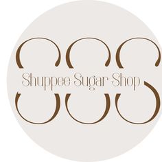 the shoppe sugar shop logo is shown in brown on a white circle with black lettering