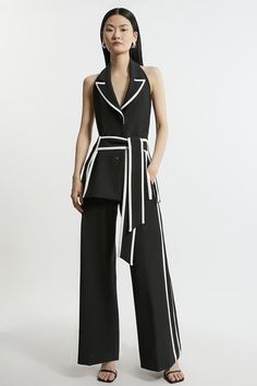 Compact Stretch Contrast Tipped Belted Wide Leg Tailored Jumpsuit Bride Jumpsuit, Petite Wedding Guest Dresses, Outfits Petite, Plus Size Workwear, Tailored Jumpsuit, Summer Bridesmaid Dresses, Tall Dresses, Wedding Guest Dress Summer, Karen Millen