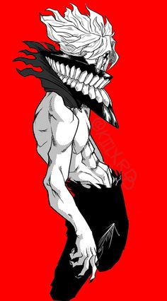 a drawing of a demon with his mouth open and teeth out, on a red background