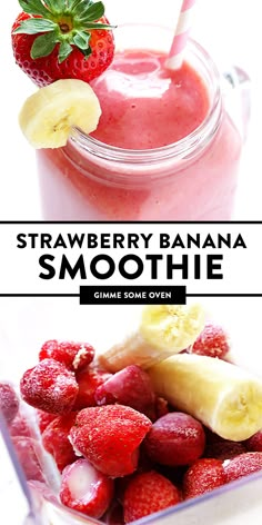 strawberry banana smoothie in a glass with strawberries and bananas