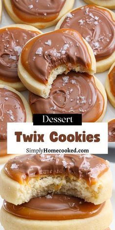 cookies with chocolate frosting on them and the words dessert twix cookies inside