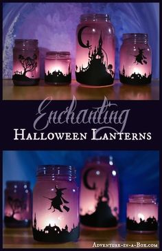 there are many mason jars with the words celebrating halloween lanterns on them and in front of it