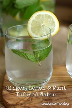 gin, lemon and mint infused water on a cutting board